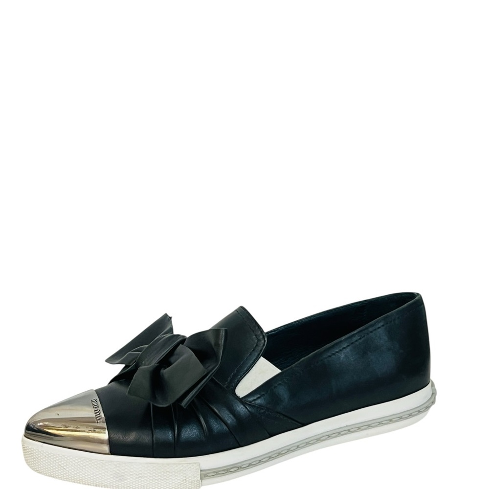 Miu Miu Black Leather Knot Bow Skate Metal Cap Toe Slip On Sneakers